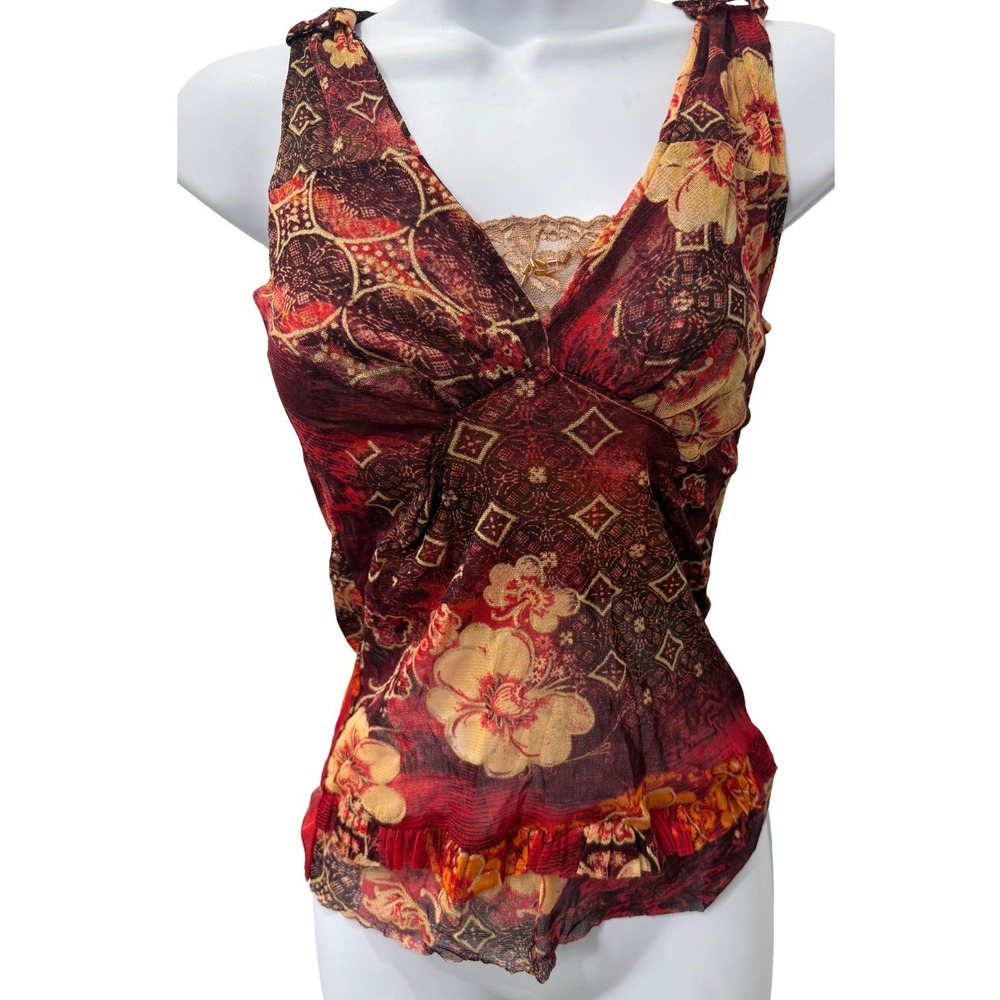 Vintage Y2K R&B Mesh Babydoll Top Beaded Floral Glitter Ruffle Festival M